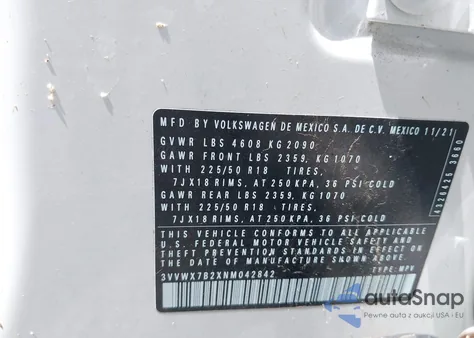 2022 Volkswagen Taos 1.5T Se из США, поврежденный, VIN 3VVWX7B2XNM042842